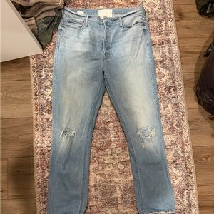 MOTHER Light Blue Slim Straight Distressed Jeans